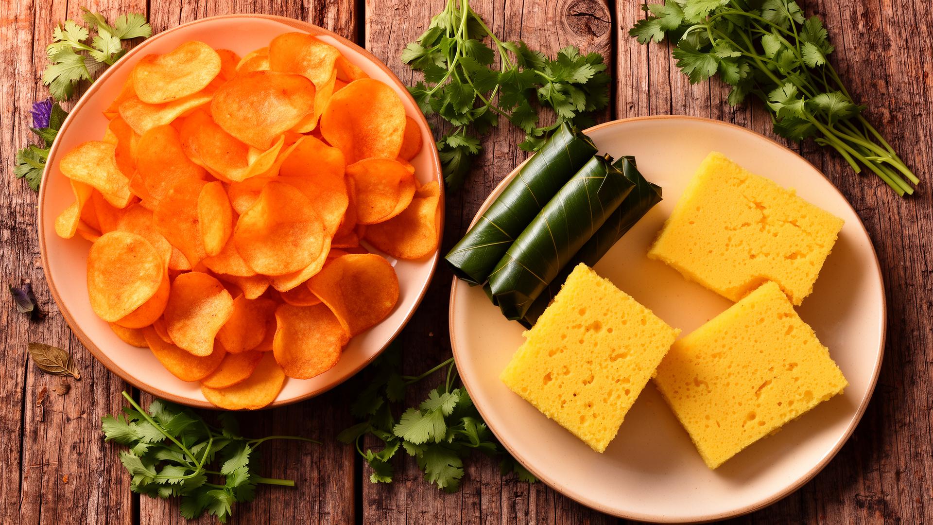 Assortment of homemade Indian snacks including aloo chips, patra and dhokla